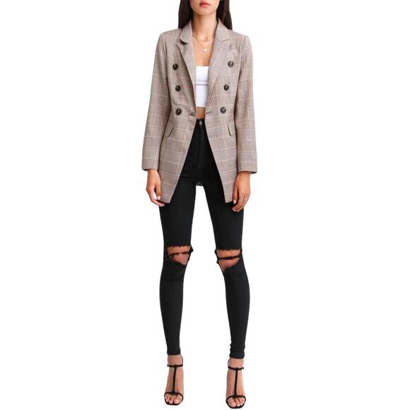NEW BELLE & BLOOM double-breasted prince of wales checked woven blazer in brown/